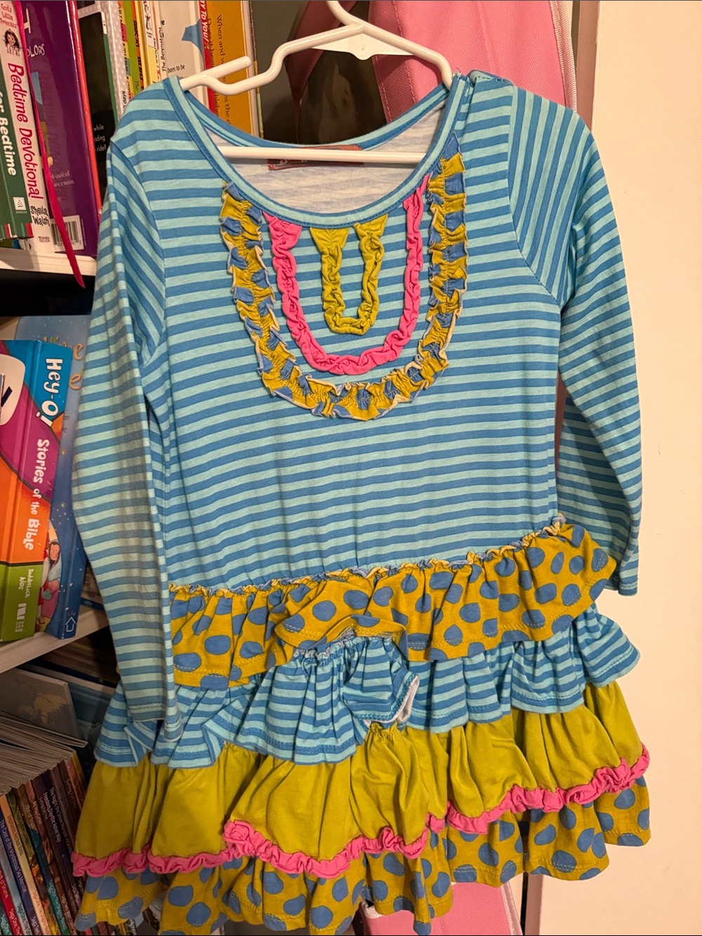 Jelly The Pug Blue Striped Dress with Yellow and Pink Ruffle Accents
